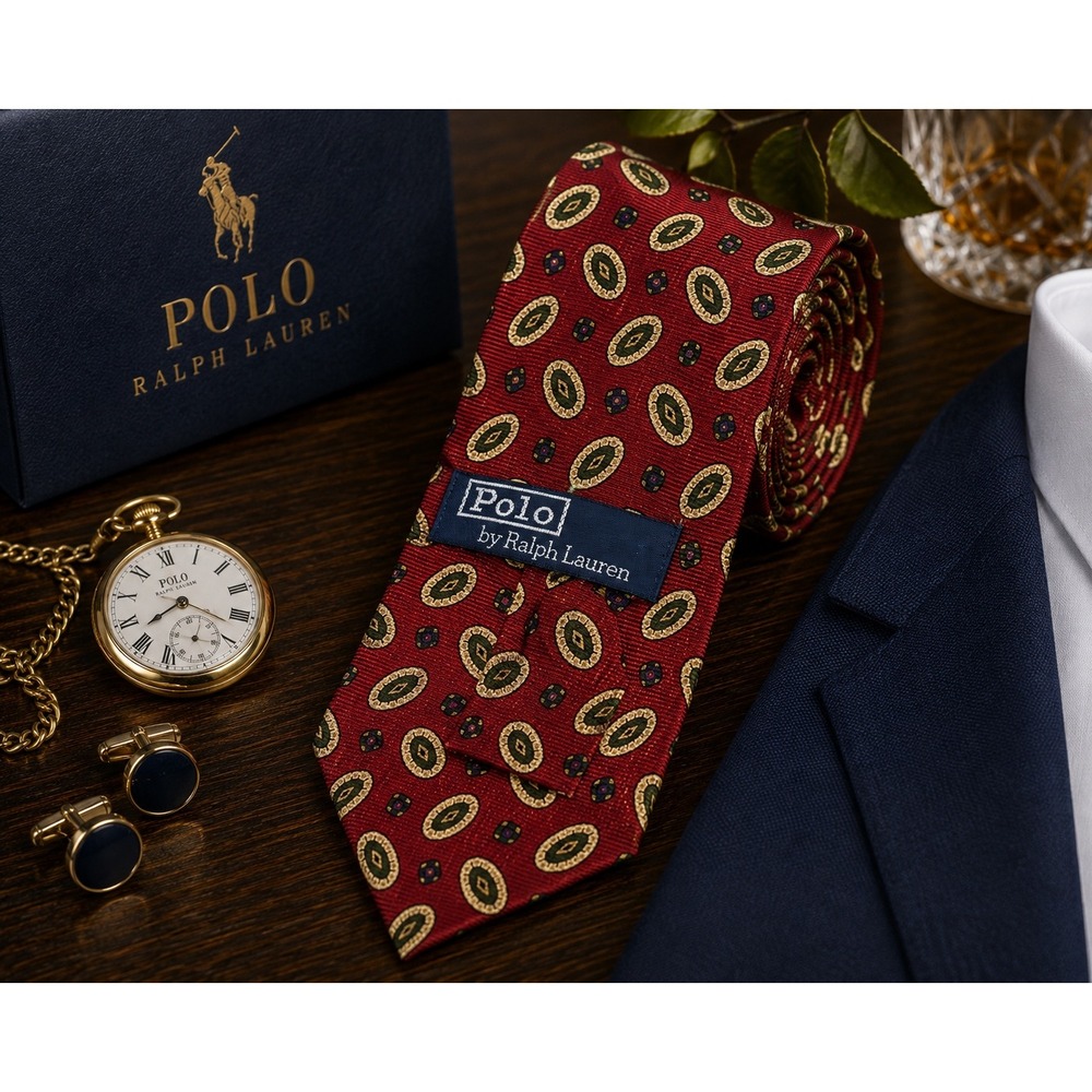 Polo Ralph Lauren Men's Silk Necktie Red Green Medallion Print Classic Vintage